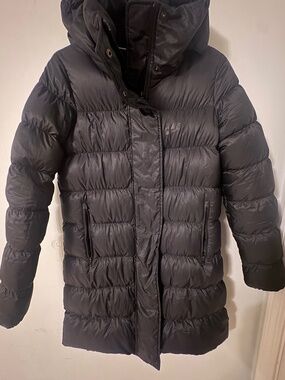 Nike Women's Black Long Puffer Winter Coat Small Removable Hood Jacket